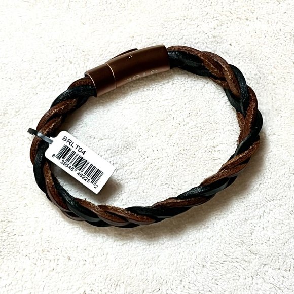 Men's Black and Brown Braided Leather with Rose Gold Clasp Bracelet - NIP - Picture 4 of 9